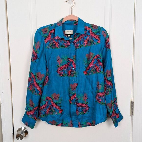 J.CrewBlue Lobster Print Silk Button Down Shirt Size 2
